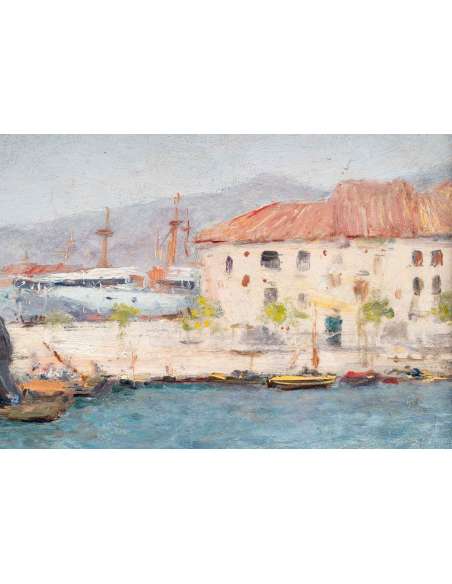 François NARDI (Nice, 1861 - Toulon 1936)- Le radoubage du navire dans la rade de Toulon. - Tableaux marine-Bozaart
