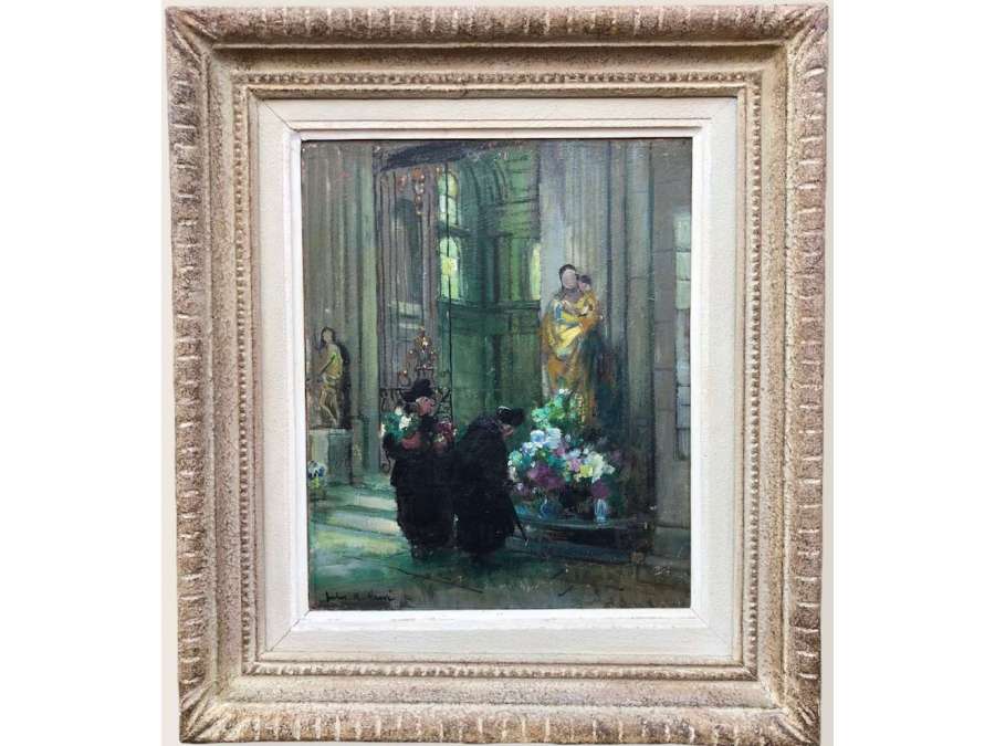 Herve Jules René Tableau Impressionniste XXè Les Bigotes à l'église à Langres Huile Sur Panneau