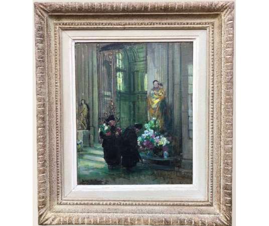 Herve Jules René Impressionist Painting XXth The Bigots at the church in Langres Oil On Panel - Paintings genre scenes
