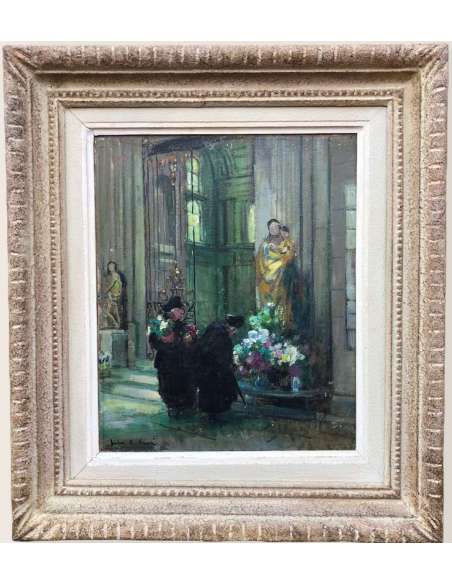 Herve Jules René Impressionist Painting XXth The Bigots at the church in Langres Oil On Panel - Paintings genre scenes-Bozaart