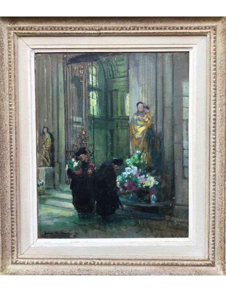 Herve Jules René Impressionist Painting XXth The Bigots at the church in Langres Oil On Panel - Paintings genre scenes-Bozaart