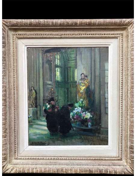 Herve Jules René Impressionist Painting XXth The Bigots at the church in Langres Oil On Panel - Paintings genre scenes-Bozaart