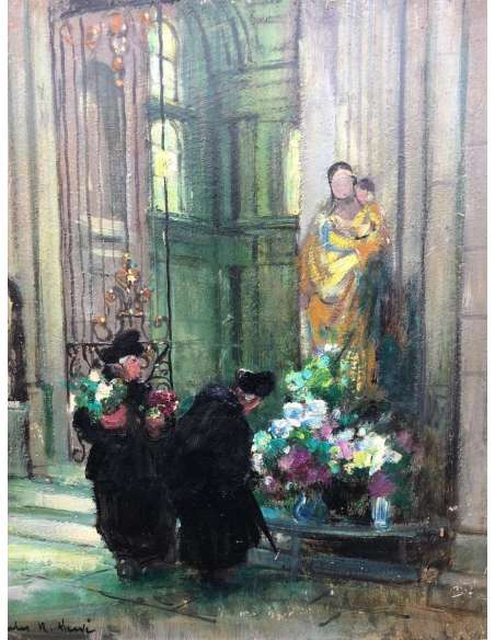 Herve Jules René Impressionist Painting XXth The Bigots at the church in Langres Oil On Panel - Paintings genre scenes-Bozaart