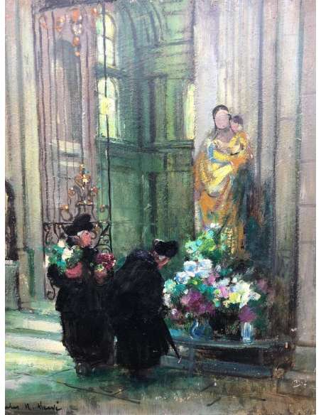 Herve Jules René Tableau Impressionniste XXè Les Bigotes à l'église à Langres Huile Sur Panneau - Tableaux scènes de genre-Bozaart