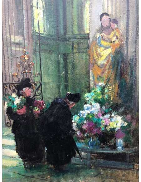 Herve Jules René Tableau Impressionniste XXè Les Bigotes à l'église à Langres Huile Sur Panneau - Tableaux scènes de genre-Bozaart