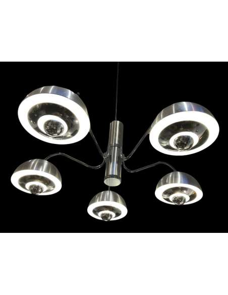 Chandelier From The 1970s In Matt And Shiny Chrome 5 Lights - Ceiling Lights and suspensions-Bozaart