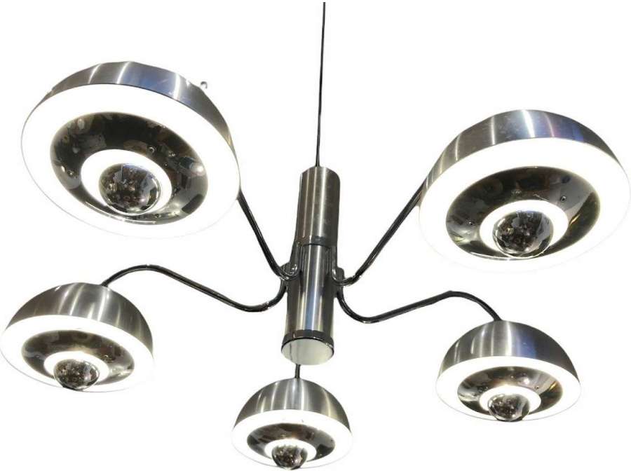 Chandelier From The 1970s In Matt And Shiny Chrome 5 Lights - Ceiling Lights and suspensions