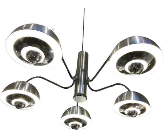 Chandelier From The 1970s In Matt And Shiny Chrome 5 Lights - Ceiling Lights and suspensions