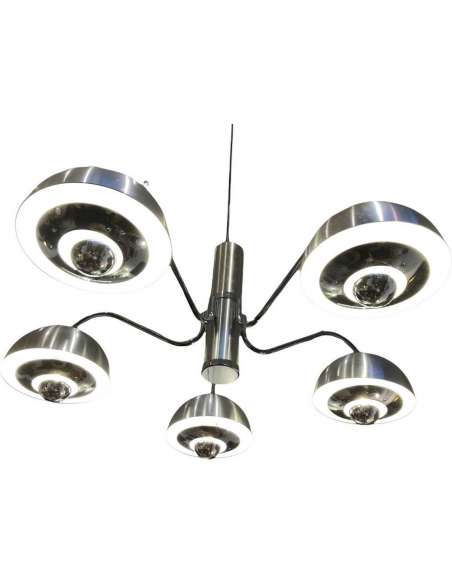 Chandelier From The 1970s In Matt And Shiny Chrome 5 Lights - Ceiling Lights and suspensions-Bozaart