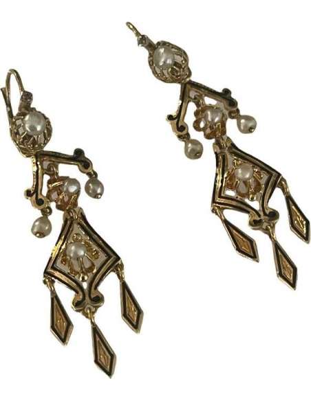 Gold, Enamel And Fine Pearl Earrings - Earrings-Bozaart