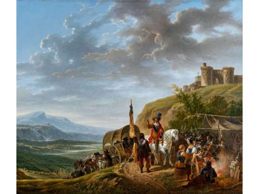 Adolphe ROEHN (1780, 1867) - Bivouac de militaires devant un château - Circa 1820. - Tableaux autre genre