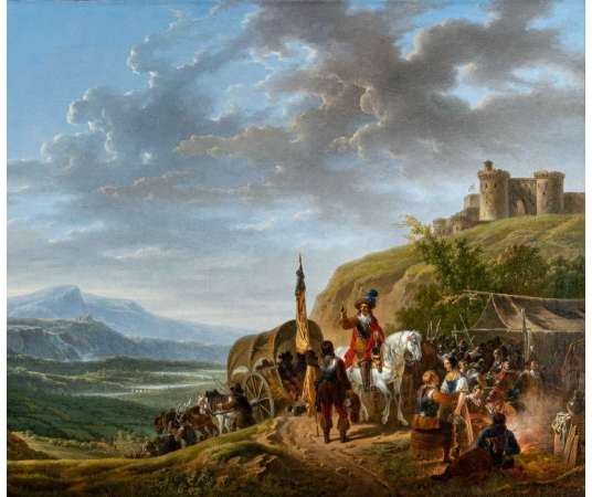 Adolphe ROEHN (1780, 1867) - Bivouac de militaires devant un château - Circa 1820. - Tableaux autre genre