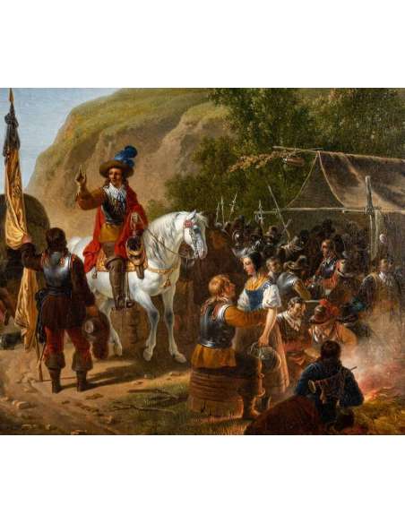 Adolphe ROEHN (1780, 1867) - Bivouac de militaires devant un château - Circa 1820. - Tableaux autre genre-Bozaart