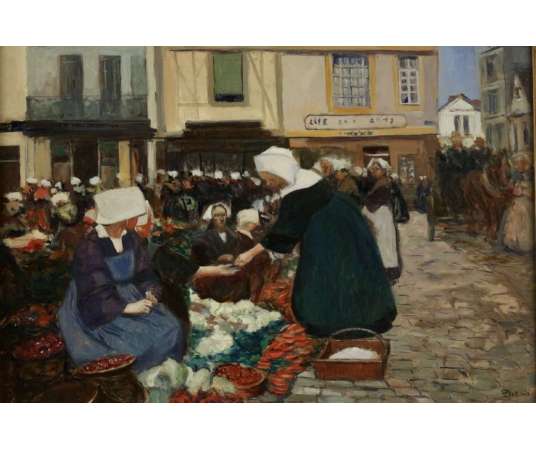 Fernand PIET (Paris, 1869 – Paris, 1942) - « Vannes - La place du marché » 1903. - Tableaux scènes de genre