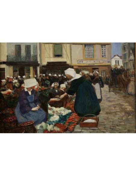 Fernand PIET (Paris, 1869 - Paris, 1942) - "Vannes - The market place" 1903. - Paintings genre scenes-Bozaart