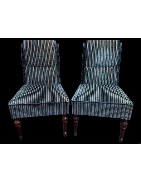Pair Of Blue Striped Velvet Butt-back Chairs - chairs - stools-Bozaart