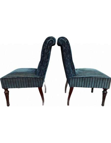 Pair Of Blue Striped Velvet Butt-back Chairs - chairs - stools-Bozaart