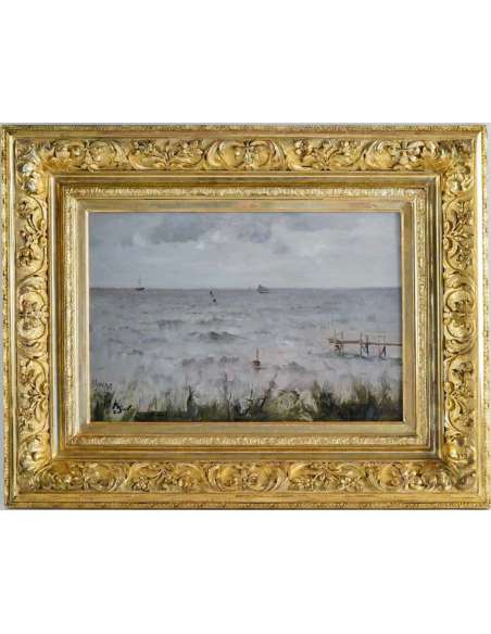 Alfred Stevens (1823 – 1906) Belgian- The pier, Le Havre, 1881. - Marine paintings-Bozaart