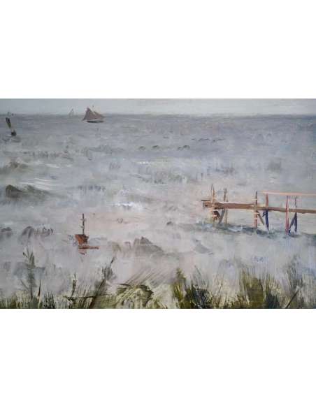 Alfred Stevens (1823 – 1906) Belge- L’estacade, Le Havre, 1881. - Tableaux marine-Bozaart