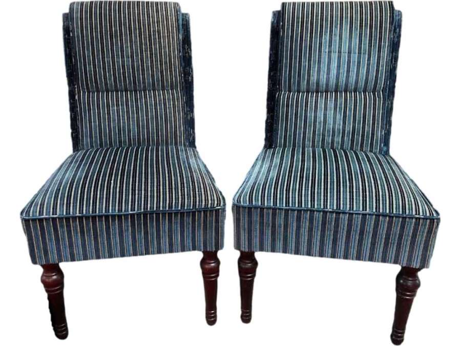 Pair Of Blue Striped Velvet Butt-back Chairs