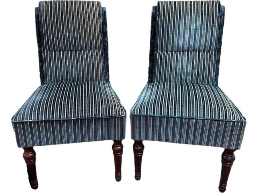 Pair Of Blue Striped Velvet Butt-back Chairs - chairs - stools