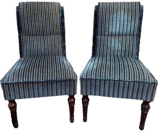 Pair Of Blue Striped Velvet Butt-back Chairs - chairs - stools