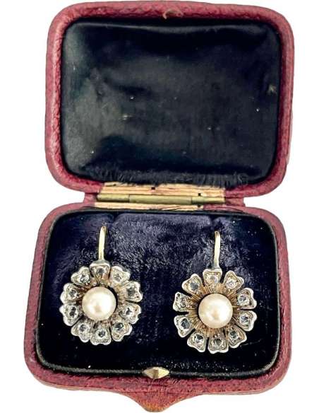 Eglantines gold pearl and diamond earrings - Earrings-Bozaart