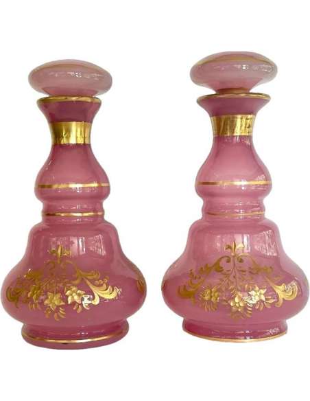 Pair Of Large Pink Opaline Flasks - Opalines, enameled glasses-Bozaart