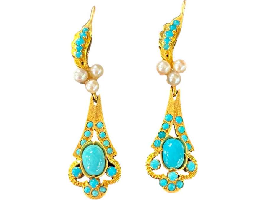 Pair Of Gold, Turquoise And Pearl Earrings. - Earrings