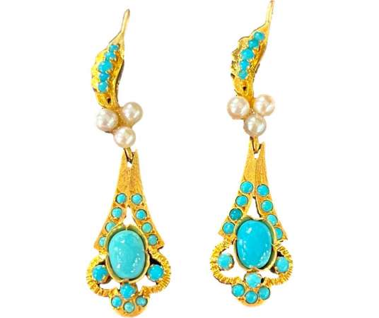 Pair Of Gold, Turquoise And Pearl Earrings. - Earrings