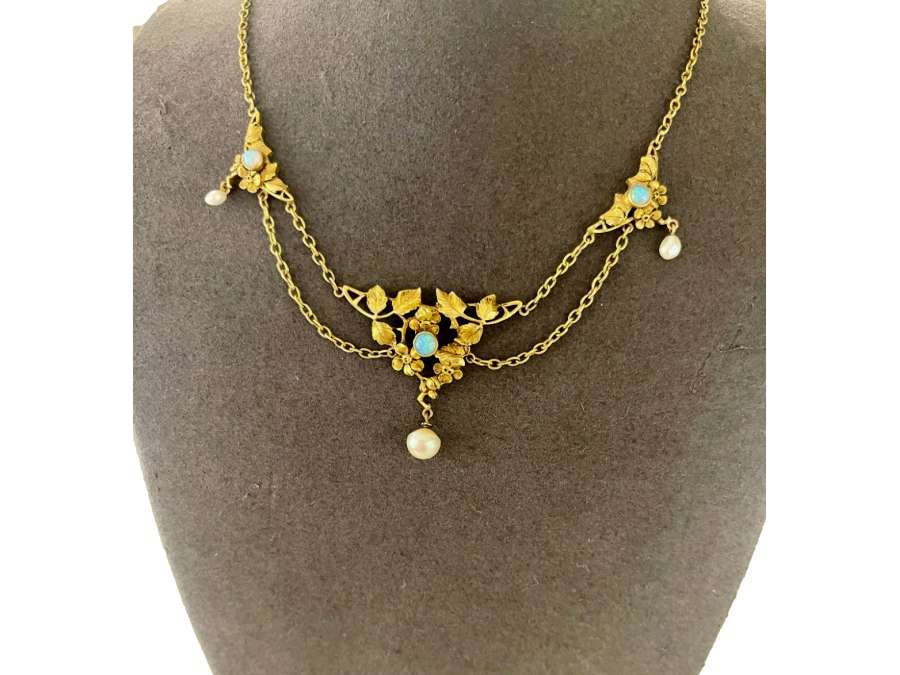 Gold Drapery Necklace, Opals And Fine Pearls - Pendants - Medallions