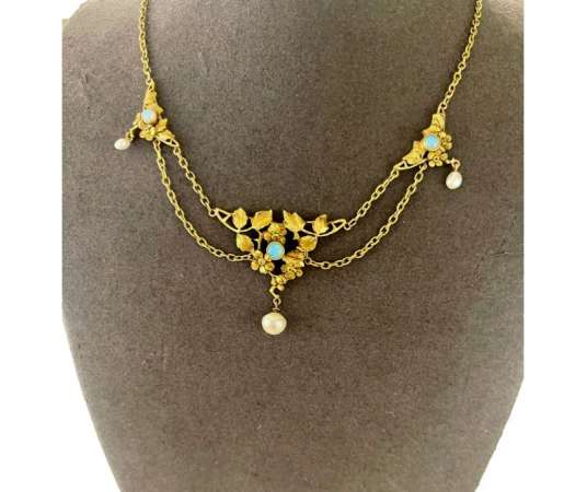 Gold Drapery Necklace, Opals And Fine Pearls - Pendants - Medallions