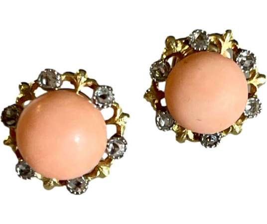 Boucles d'Oreilles En Or, Corail Et Diamants - Boucles d'oreille