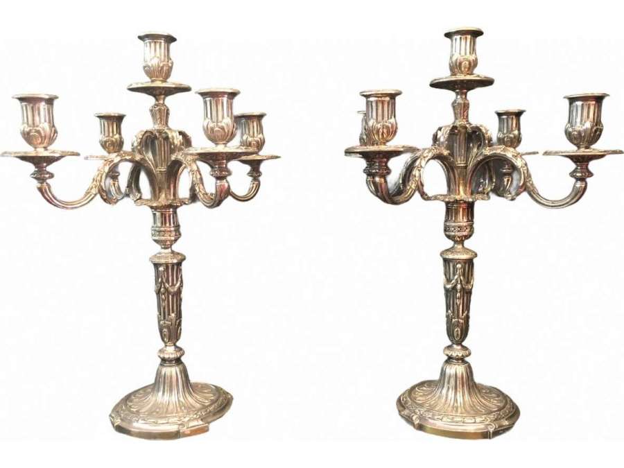 Pair Of Five-light Candelabra In Chiseled And Silvered Bronze Decorated With Silver Flutes