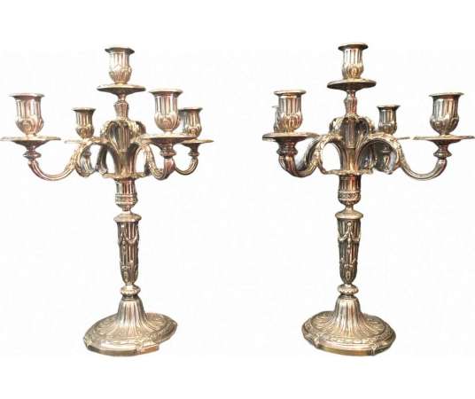 Pair Of Five-light Candelabra In Chiseled And Silvered Bronze Decorated With Silver Flutes - shaped pieces