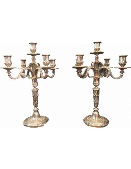 Pair Of Five-light Candelabra In Chiseled And Silvered Bronze Decorated With Silver Flutes - shaped pieces-Bozaart