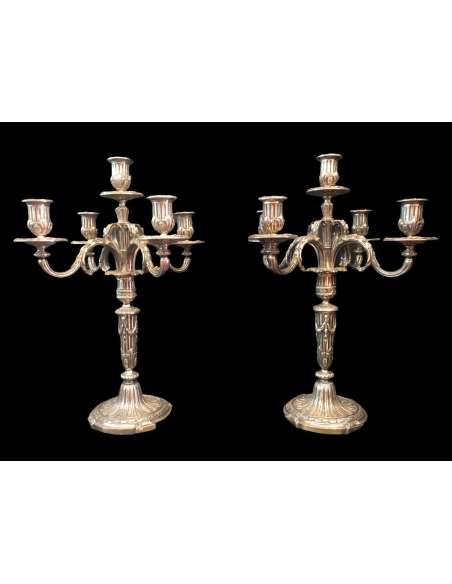 Pair Of Five-light Candelabra In Chiseled And Silvered Bronze Decorated With Silver Flutes - shaped pieces-Bozaart