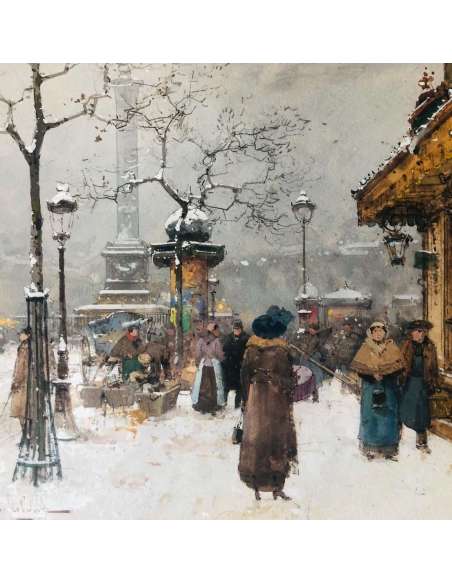 Galien Laloue Eugène Tableau Début 20è Siècle Paris Animation Place La Bastille Gouache Signée - Tableaux scènes de genre-Bozaart