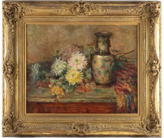 FRENCH SCHOOL LATE XIXTH- Still life with Chinese vase and flower pier. - Still life paintings
