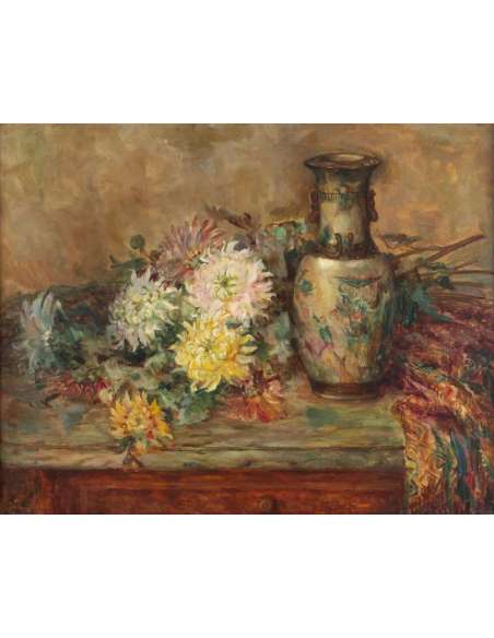 FRENCH SCHOOL LATE XIXTH- Still life with Chinese vase and flower pier. - Still life paintings-Bozaart