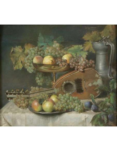Charles Louis GRATIA (1815 – 1911) Nancy school-"Still life with mandolin", dated 1852 - pastels-Bozaart