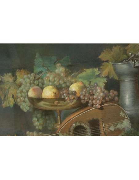 Charles Louis GRATIA ( 1815 – 1911) école de Nancy-« Nature morte à la mandoline », daté 1852 - pastels-Bozaart