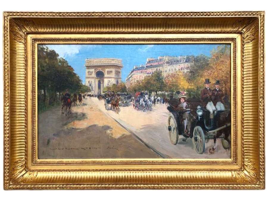 Stein Georges Paris Animation Avenue Foch Towards the Arc De Triomphe Oil On Canvas Signed - Paintings genre scenes