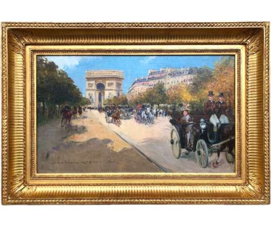 Stein Georges Paris Animation Avenue Foch Towards the Arc De Triomphe Oil On Canvas Signed - Paintings genre scenes