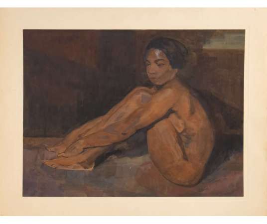 Iwan Cerf (1883 –1963) Belge -«Femme indo-chinoise nue assise. », Daté 1929 - Gouaches