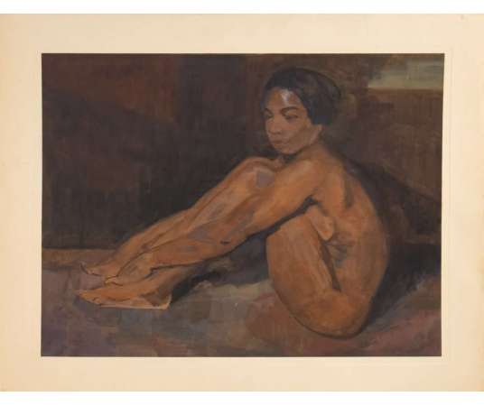 Iwan Cerf (1883 -1963) Belgian -"Naked Indo-Chinese woman sitting. ", Dated 1929 - Gouaches
