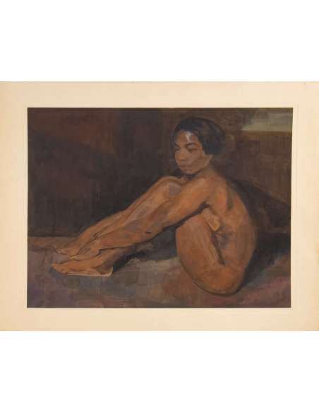 Iwan Cerf (1883 -1963) Belgian -"Naked Indo-Chinese woman sitting. ", Dated 1929 - Gouaches-Bozaart