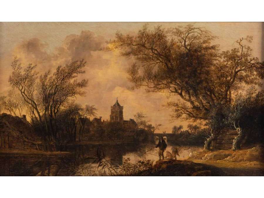 Anthony Jansz Van der Croos (1606, 1662)- Les pêcheurs à l’orée d’un bourg- daté 1654. - Tableaux paysages