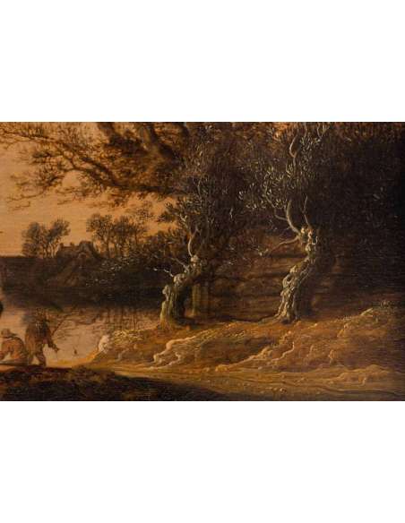 Anthony Jansz Van der Croos (1606, 1662)- Les pêcheurs à l’orée d’un bourg- daté 1654. - Tableaux paysages-Bozaart