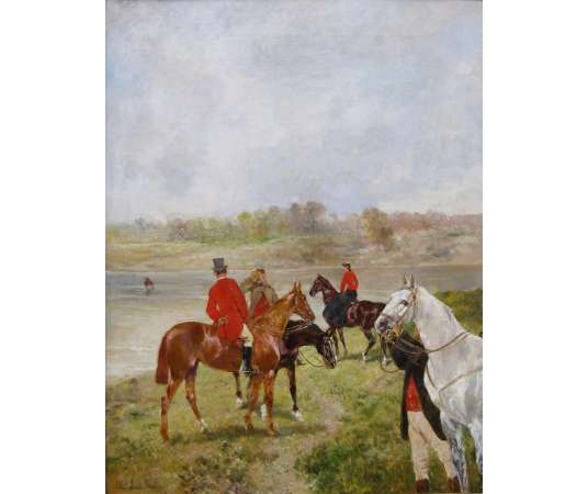 BROWN John , Lewis (Bordeaux 1829, Paris 1890)- Bat-l’eau, scène de chasse à courre. - Tableaux autre genre